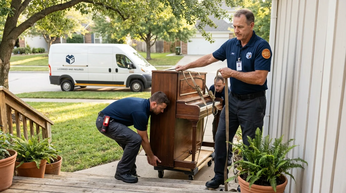Licensed piano movers securing grand piano in Seaford, NY