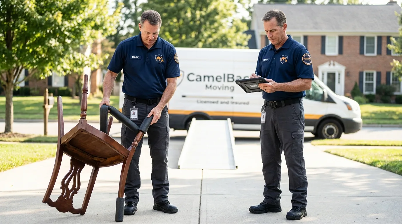 Movers inspecting furniture for damage prevention before loading in Seaford, NY