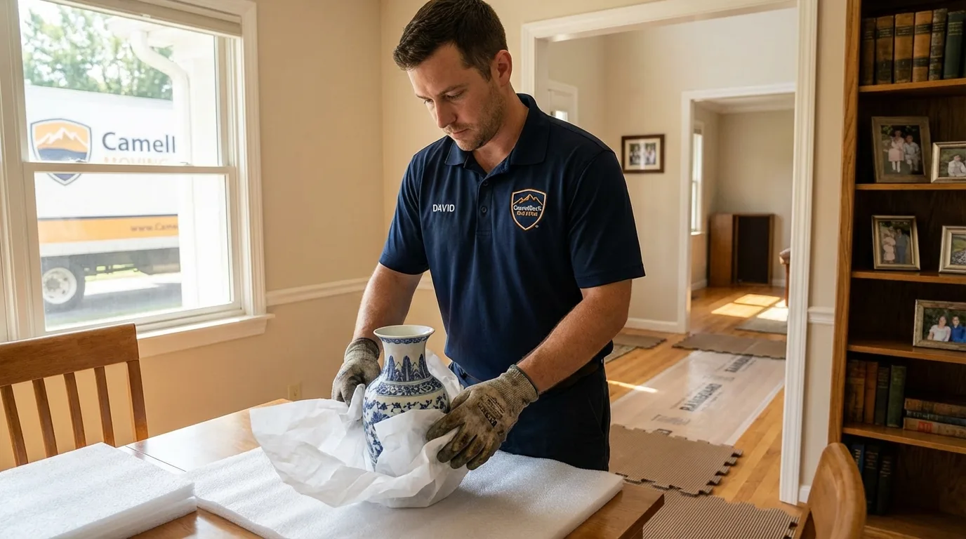 Professional crew carefully wrapping antique vase for senior downsizing move in Seaford, NY
