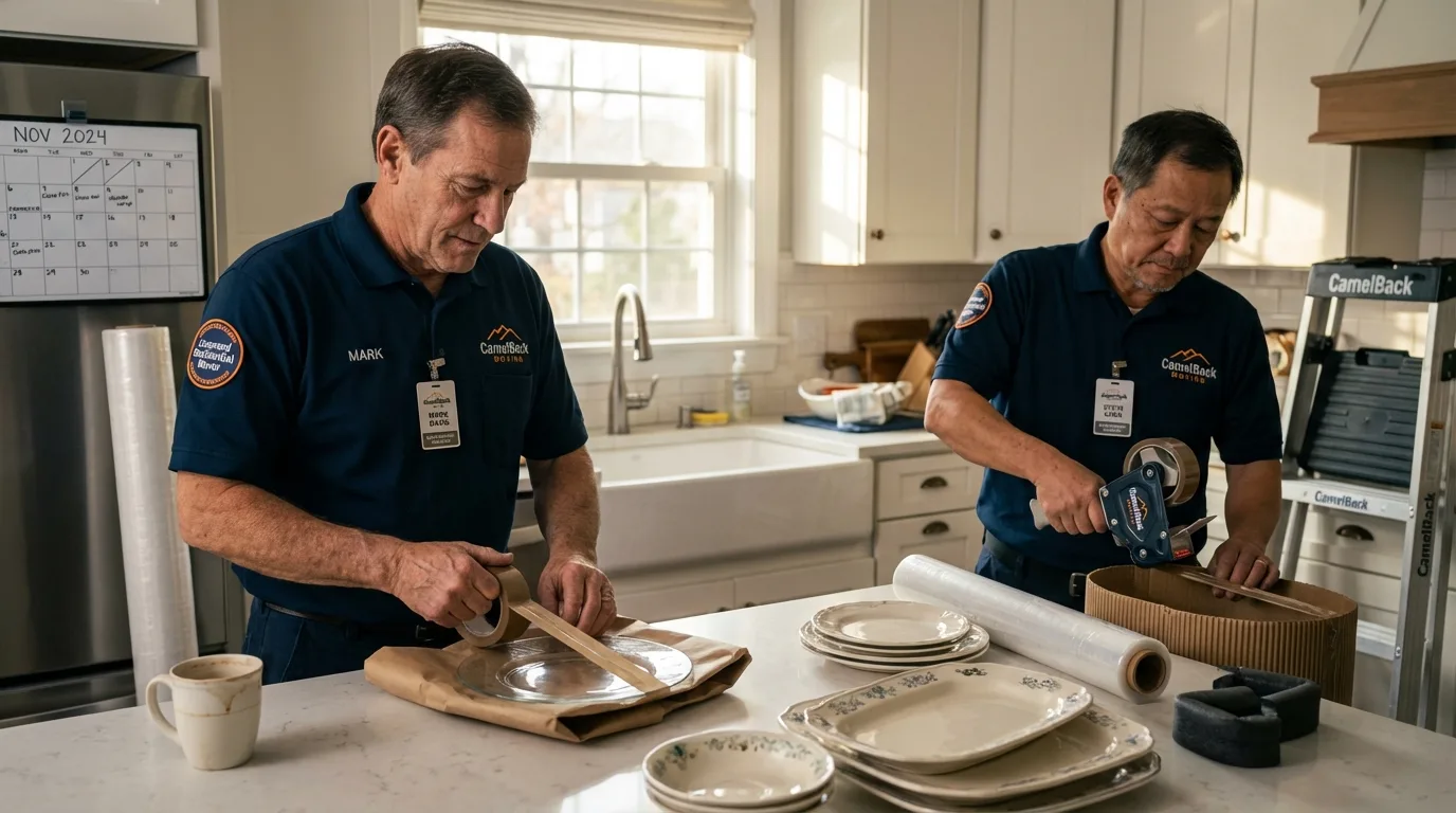 Professional crew packing kitchen dishware in Seaford, NY